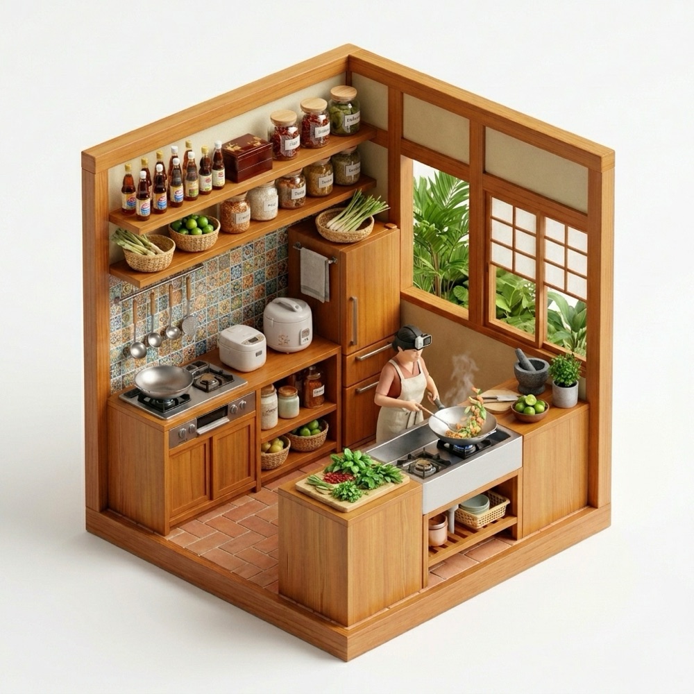Isometric cutaway of a kitchen with a person performing a multi-step cooking task