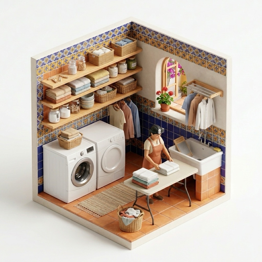 Isometric cutaway of a person folding laundry in a home